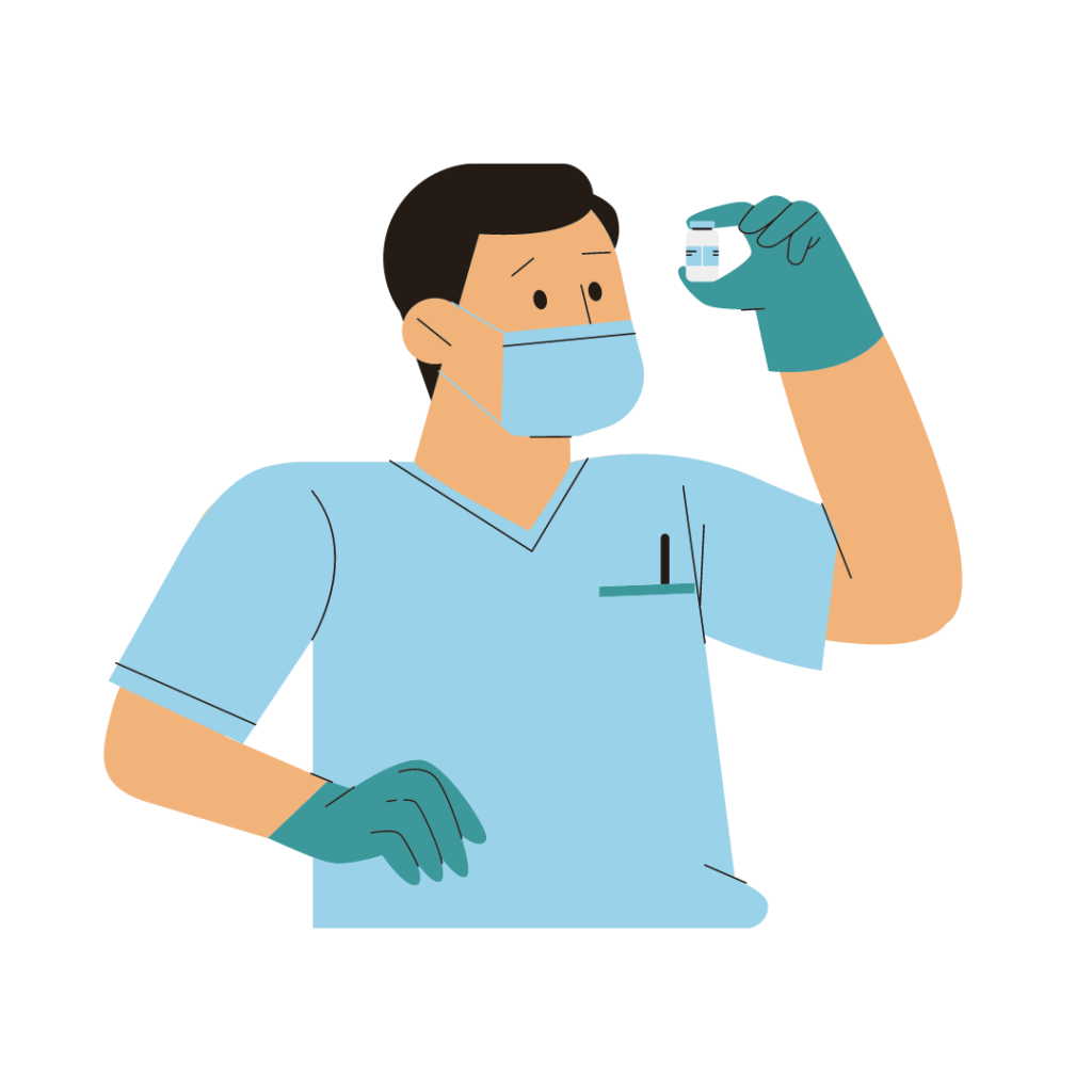 male in scrubs looking at vial