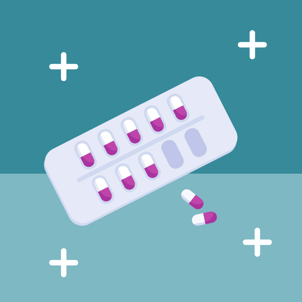cartoon of purple and white pills in dispenser