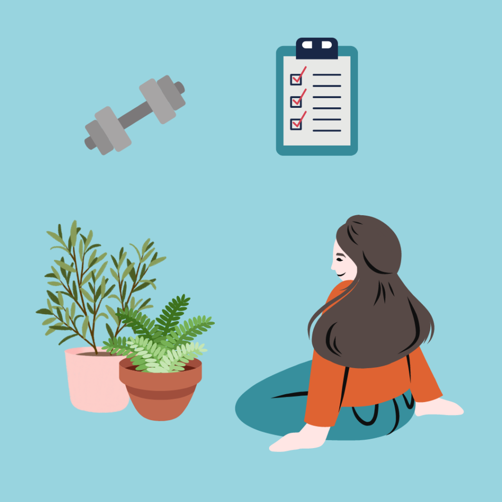 cartoon of woman sitting and looking at 2 potted plants